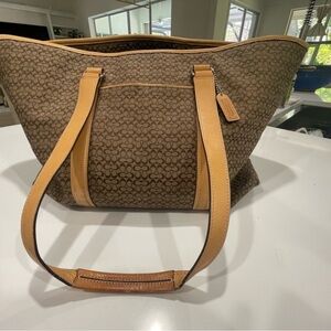 Coach 77017 Brown Signature Jacquard Tote with Tan Leather Trim